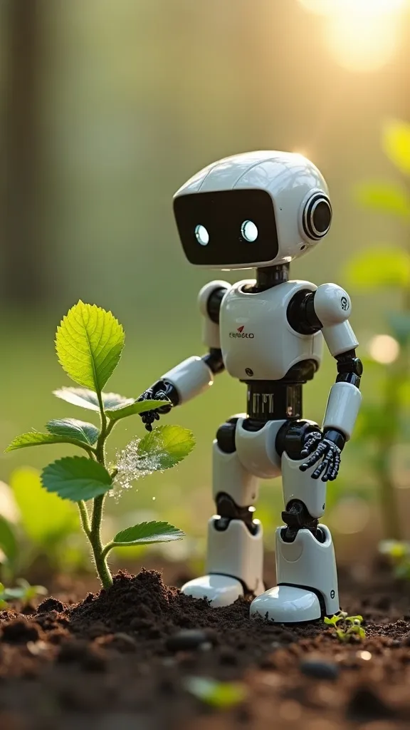 A small white robot watering a young seedling in soil