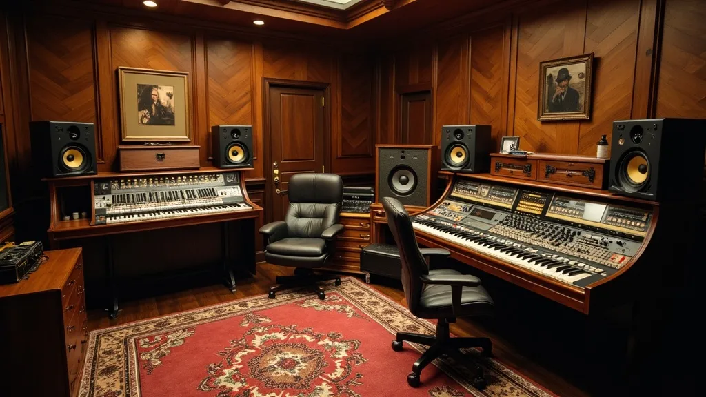 A wood-panelled vintage recording studio with a mixing desk, synths and monitor speakers