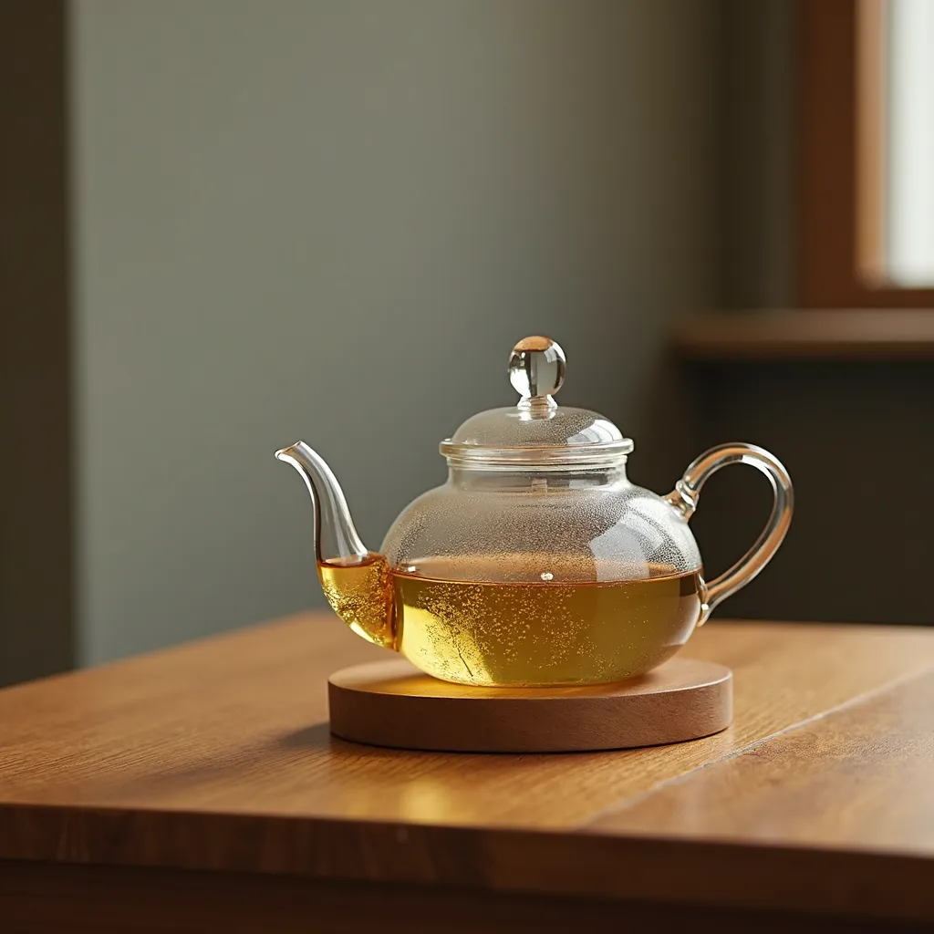 A glass teapot of tea on a wooden coaster on a wooden table
