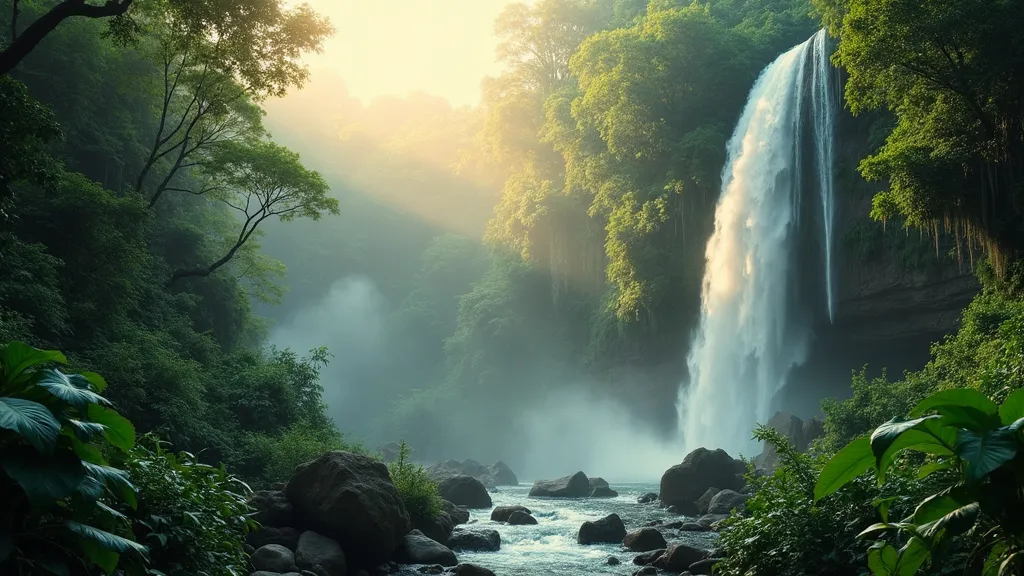 A tall waterfall in a green tropical forest lit by morning sun